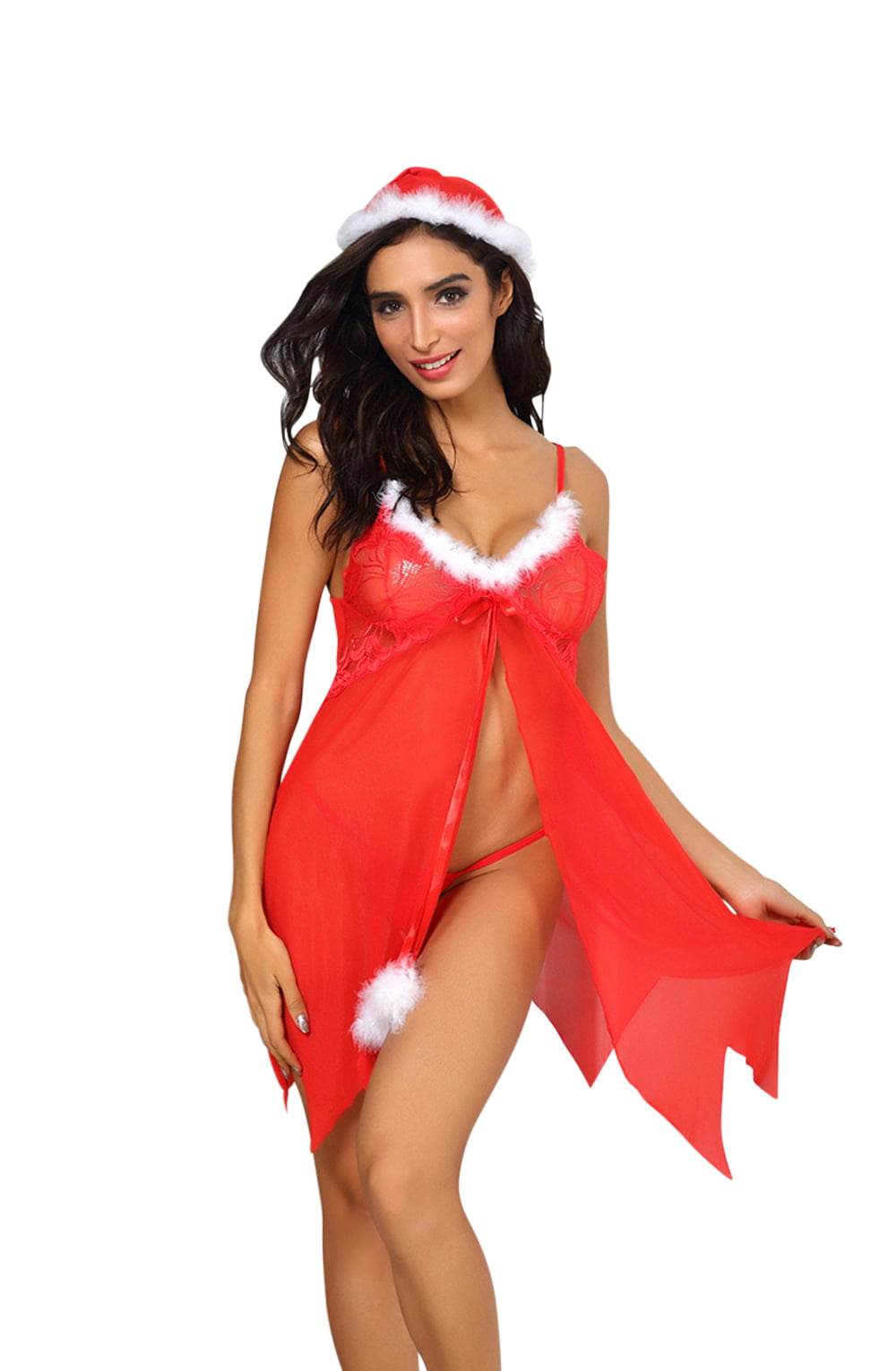 YesX YX947 3pc Red/White Hat, Babydoll & Thong - Maison Verde