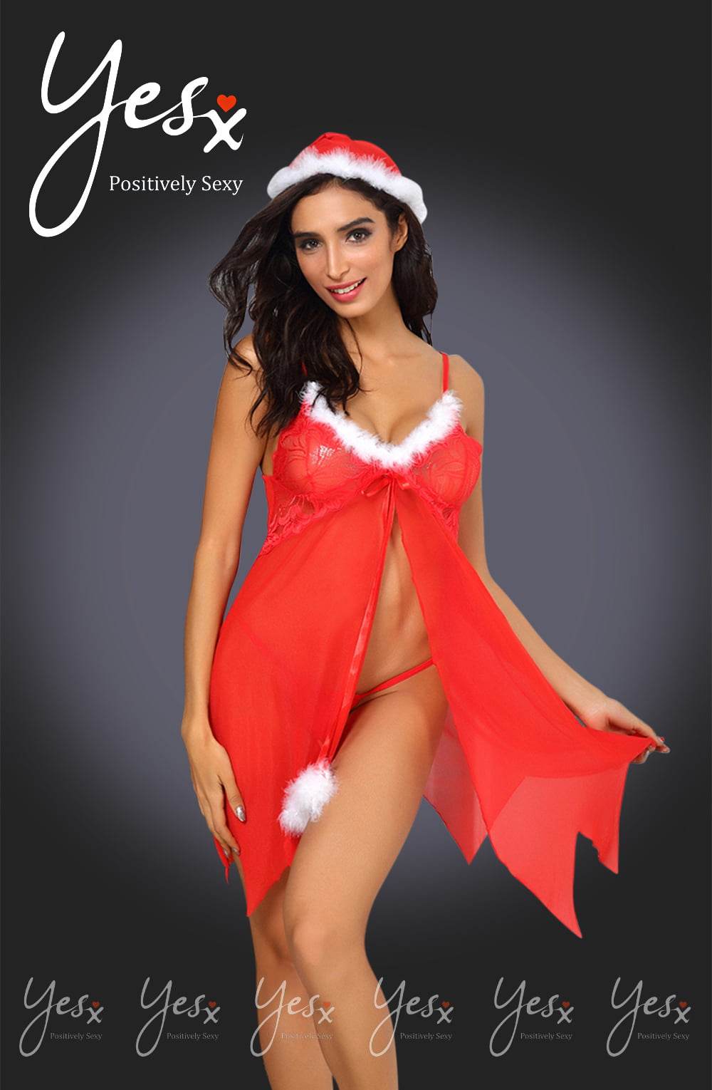 YesX YX947 3pc Red/White Hat, Babydoll & Thong - Maison Verde
